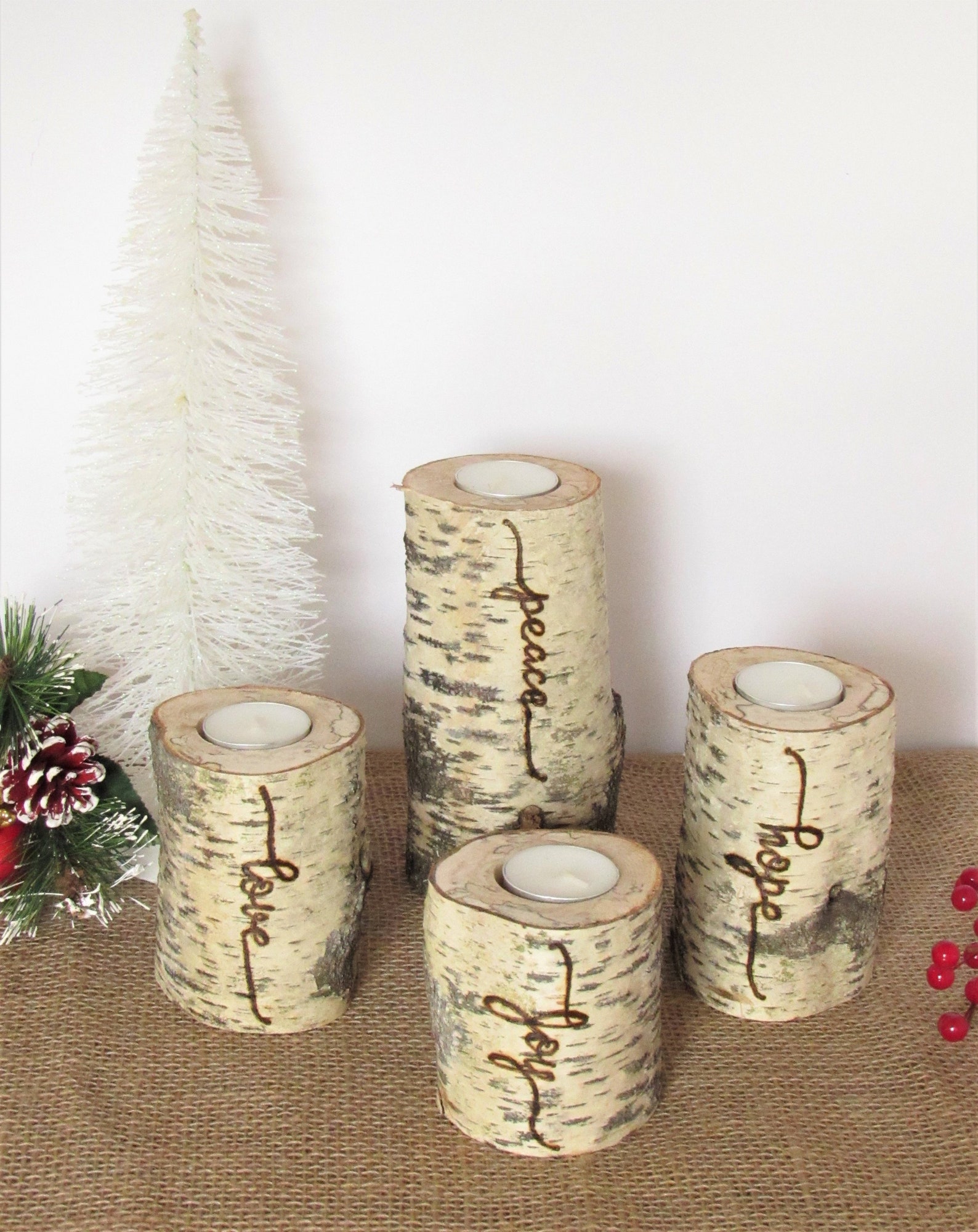 Christmas Advent Wreath, Set of Four Birch Candles with Words Peace, Hope,Love and Joy