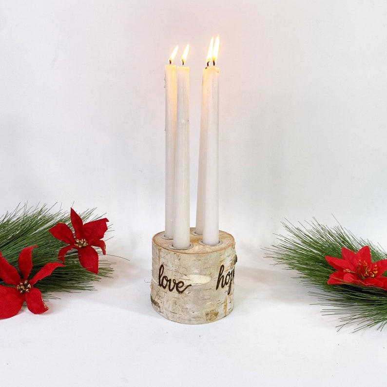 Birch Log Advent Wreath With 4 White Candles Holiday Taper Etsy