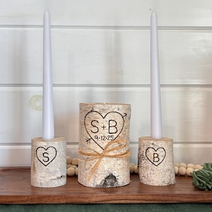 Personalized Birch Wood Unity Candle Set, Handmade Rustic Wedding Centerpiece, Customized Unity Candles