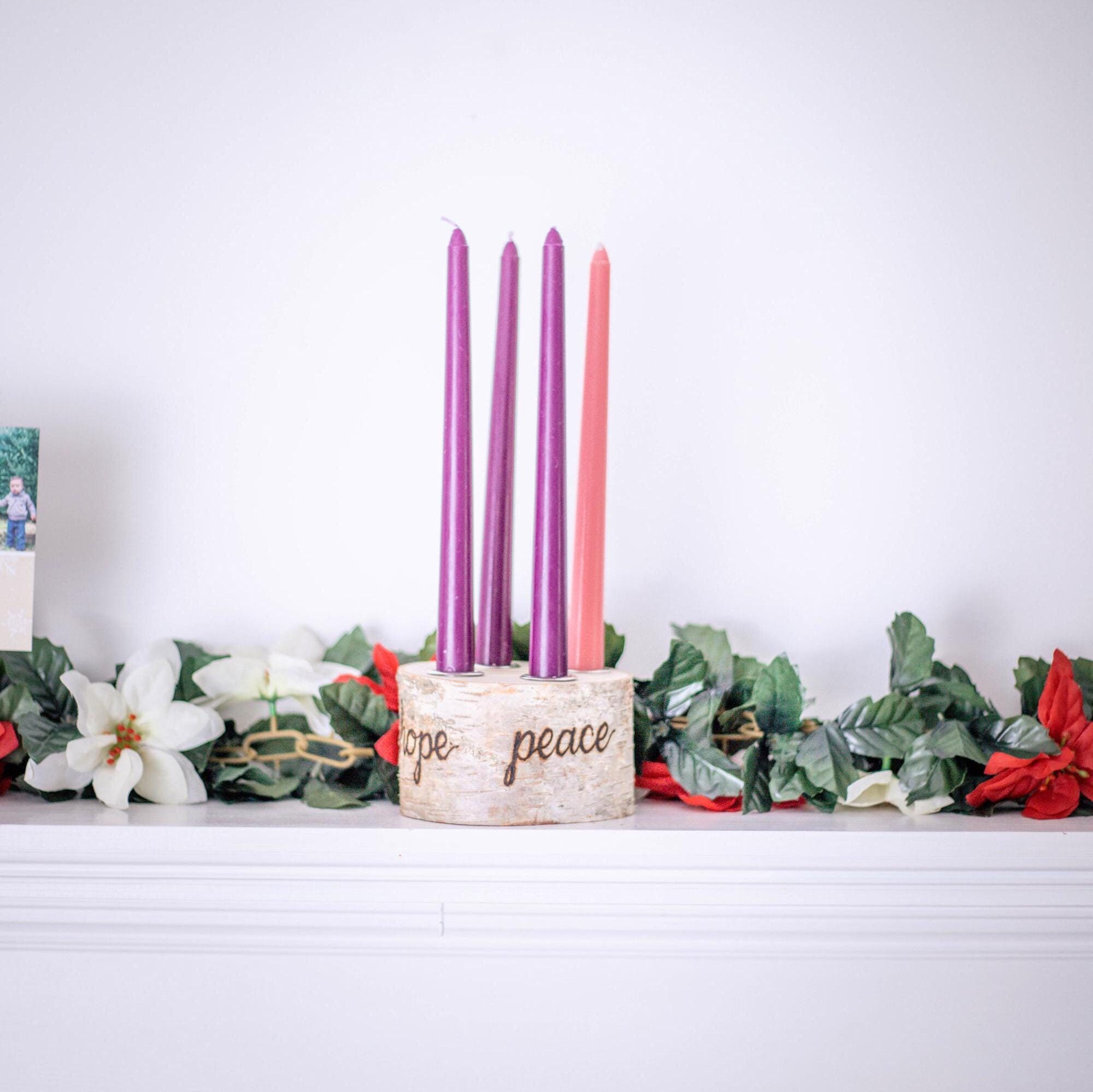 Birch Log Advent Wreath With 4 Advent Colored Taper Candles, Holiday ...