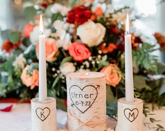Personalized Last Name Rustic Birchwood Wedding Unity Candle Set, Handcrafted Unity Candles, Rustic Wedding Ceremony Decoration