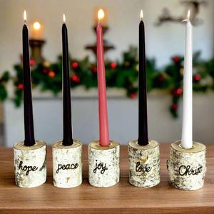 Christmas Advent Wreath, Birch 5 pc Advent Set, Advent Holiday Taper Candle Holders, Hope Peace Joy Love Christ, Handmade Family Tradition