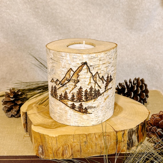 Handmade Mountain Home Decor, Birch Wood Candle Holder, Eco-Friendly Decorative Candle, Gift for Nature Lover, All Natural Home Decoration