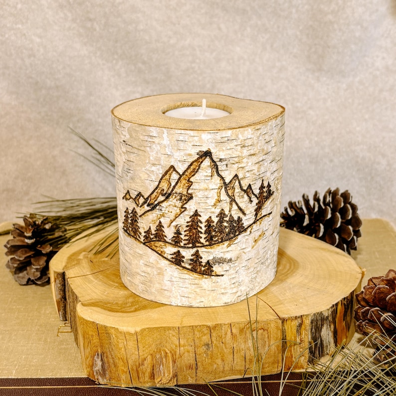 Handmade Mountain Home Decor, Birch Wood Candle Holder, Eco-Friendly Decorative Candle, Gift for Nature Lover, All Natural Home Decoration image 1