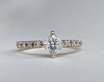 Princess cut engagement ring. 14kt yellow gold, 10kt yellow gold lab diamond, moissanite, white sapphire. Vintage, made to order. Canadian