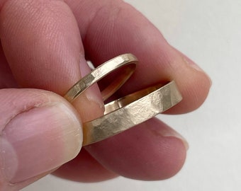 14kt - Hammered brushed finish wedding band set gold - hammered wedding band  - eco friendly recycled - yellow gold