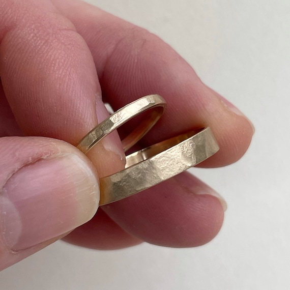 10kt Yellow Gold Hammered Wedding Band Set: Eco-Friendly Recycled Gold