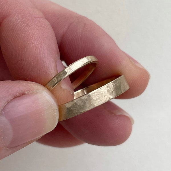 10kt - Hammered brushed finish wedding band set gold - hammer wedding band  - eco friendly recycled  - 10kt yellow gold