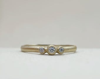 10kt 14kt Yellow gold - Three stone minimalist  engagement ring - lab grown diamonds Moissanites - stackable gold wedding ring