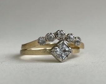 Solid Gold Bridal Set - White Sapphire Solitaire - Rustic Floral Design - Ethically Sourced - Princess Cut White Sapphire 10Kt