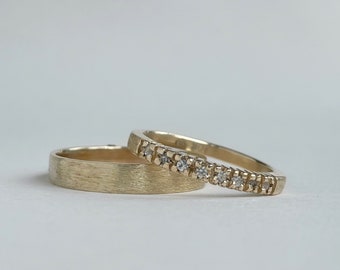 Halve Eternity Wedding Band Set - Recycled 10kt yellow gold - 2mm and 4mm - Rustic wedding band set - eco friendly and sustainable