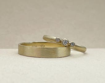 Solstice bridal set - minimalist bridal set - Diamond ring - recycled gold - - eco friendly and sustainable - three stone engagement ring