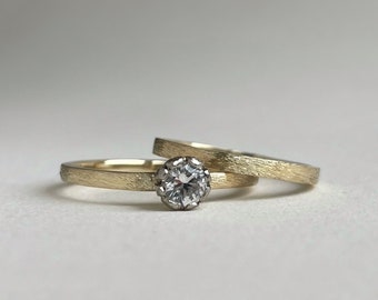 Solitaire Bridal Set - Rustic Minimalist Design - 10kt Recycled Ethical White and Yellow Gold Bands - Rose Engagement Ring