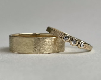 Rustic Wedding Band Set - 10kt Yellow Gold - 2mm and 6mm - Canadian Diamond Ring - Eco-Friendly and Sustainable