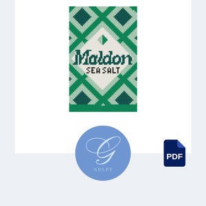 May include: A digital PDF stitch guide featuring a stylized illustration of a Maldon Sea Salt box. The design is in shades of green and white, with the brand name prominently displayed. Includes a PDF icon and a blue circle with a logo.