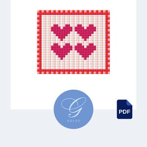 May include: A PDF stitch guide featuring a cross-stitch pattern of four pink hearts on a white and pink background, framed by a red border. The image includes a blue circle with a stylized "G" and the text "NDLPT", and a PDF icon.