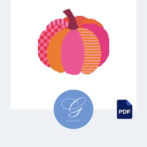 May include: A colorful cross-stitch pumpkin design with pink, orange, and red sections. The image includes the text "pdf stitch guide" at the top and a PDF icon. A blue circle with the letters "G" and "NDLPT" is at the bottom.