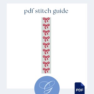 May include: A digital PDF stitch guide featuring a repeating pattern of red bows on a light gray background. The text "pdf stitch guide" is at the top. A blue circle with the letters "G" and "NDLPT" is at the bottom, along with a PDF icon.