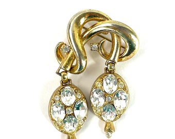 Broche pendente dourado com strass, estilo anos 1950 | Broche vintage dourado em espiral com strass e pingentes ovais