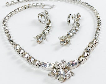 1950s Eisenberg Rhinestone Necklace Earrings Set | Vintage Necklace & Drop Earrings