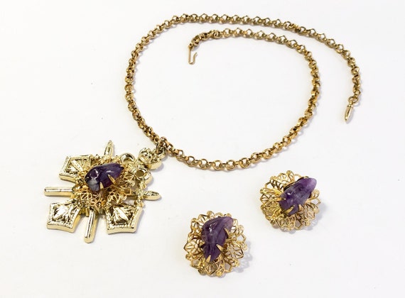 Coro | 1960s Gold & Purple Necklace Earrings Set … - image 2