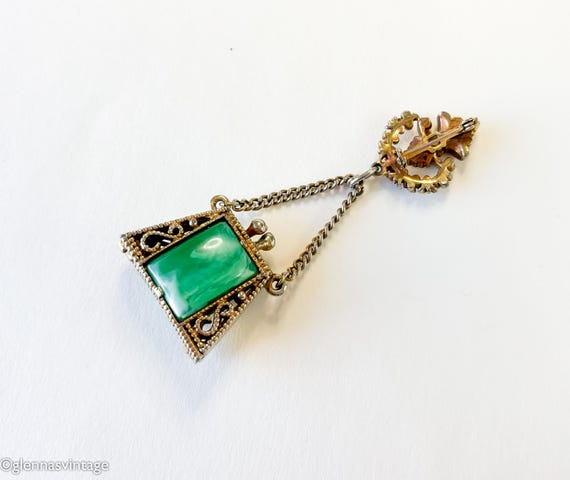 1940s Green Glass Purse Brooch | 40s Brass Purse … - image 6