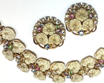 1950s Lily Pads Bracelet & Earrings | Vintage Gold Bracelet Rhinestone Set