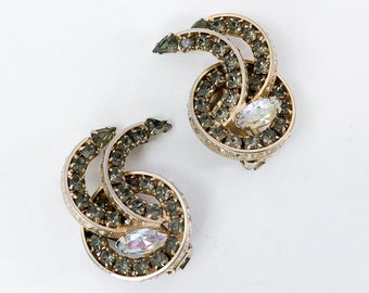 Alice Caviness | 1950s Gold Swirl Rhinestone Earrings | 50s Gold & Rhinestone Comet Earrings | Rhinestone Comet Clips | Alice Caviness