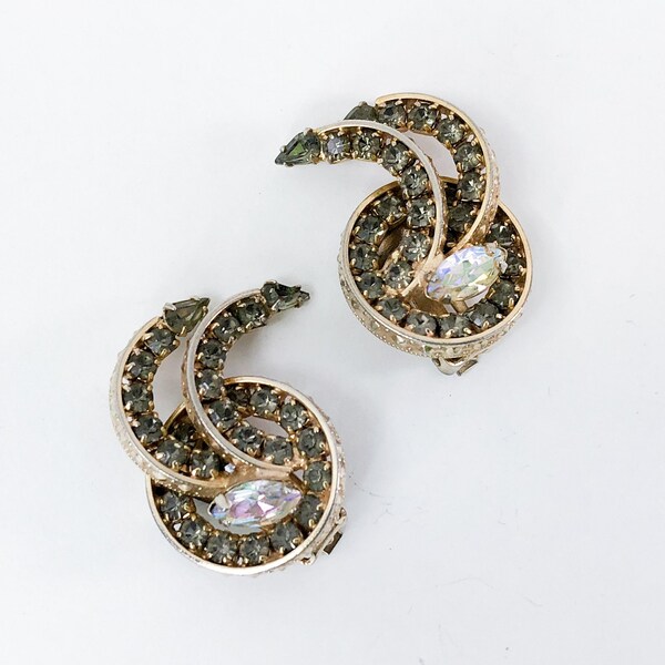 Alice Caviness | 1950s Gold Swirl Rhinestone Earrings | 50s Gold & Rhinestone Comet Earrings | Rhinestone Comet Clips | Alice Caviness