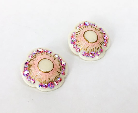 1950s Pink Rhinestone Flower Earrings | 50s White… - image 3