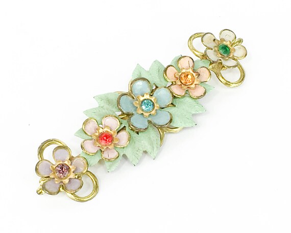 1930s Pastel Flower Pin | 30s Enamel & Rhinestone