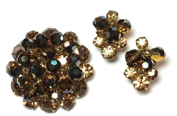 1960s Bronze Crystal Jewelry Set | 60s Brown Cryst