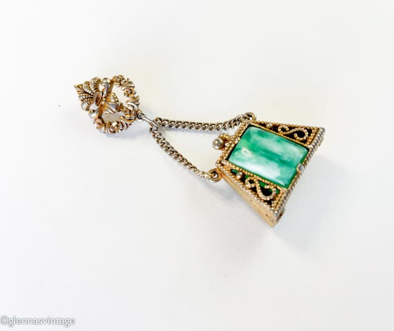 1940s Green Glass Purse Brooch | 40s Brass Purse … - image 1