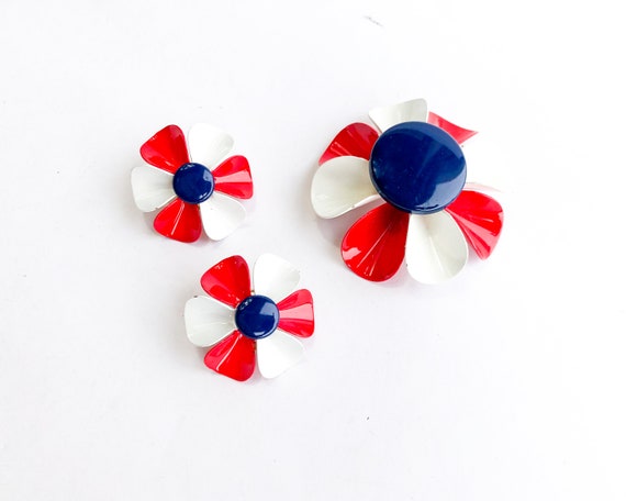 1960s Red White Blue Jewelry Set | 60s Flower Bro… - image 6