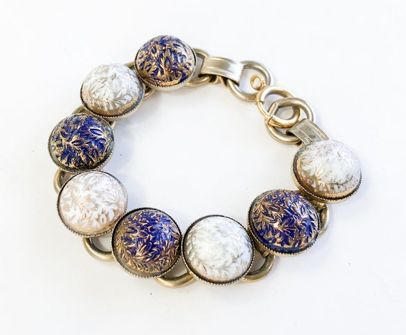 1950s Blue Molded Glass Link Bracelet | 50s White… - image 2