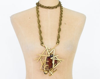 1980s Brutalist Bronze Necklace | 80s Long Bronze Pendant Necklace |  Brown Agate Starburst Pendant