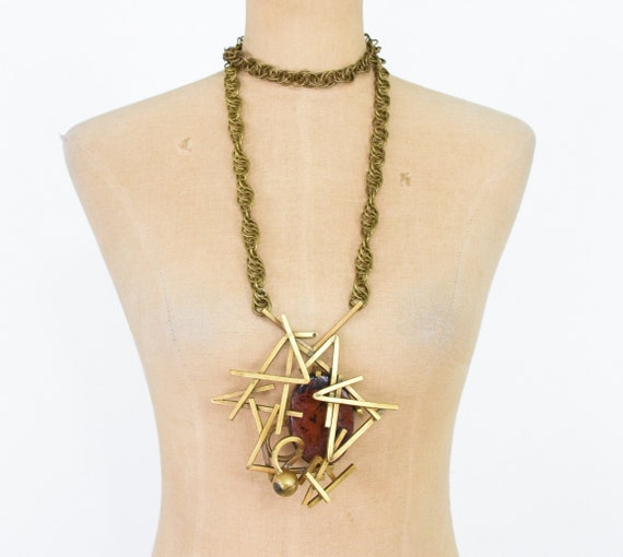 1980s Brutalist Bronze Necklace | 80s Long Bronze… - image 1