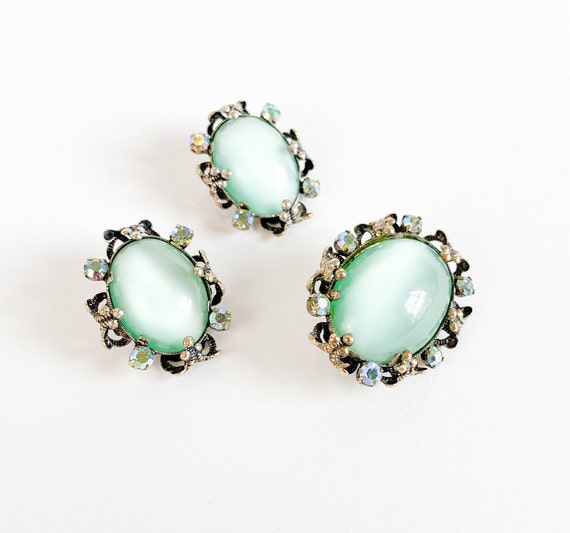 1940s Green Glass Brooch Set | 40s Turquoise Pin &