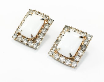 1950s Rhinestone White Milk Glass Earrings | Vintage White & Gold Clips