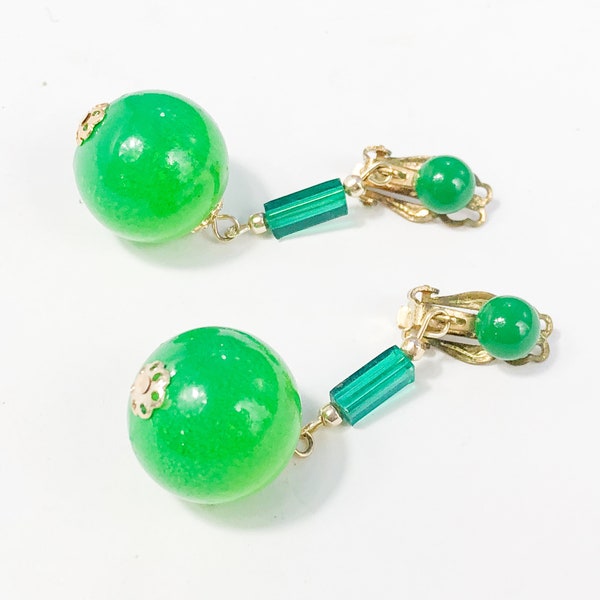 1960s Green Plastic Drop Earrings | 60s Green Ball Dangle Earrings | Japan