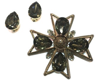 1960s Maltese Cross Brooch & Earring Set | 60s Bronze Glass Maltese Cross Jewelry Set