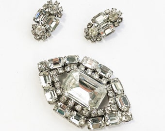 1950s Rhinestone Brooch Set | Vintage Rhinestone Pin & Clip Earrings