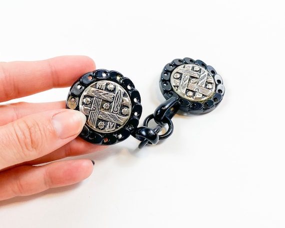 1930s Silver & Black Coat Buckle Vintage Celluloi… - image 3
