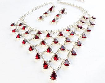 1990s Red Rhinestone Necklace & Earrings | 90s Red Rhinestone Bib Necklace Jewelry Set