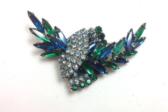 Hobé Blue & Green Rhinestone Brooch | 1950s Green