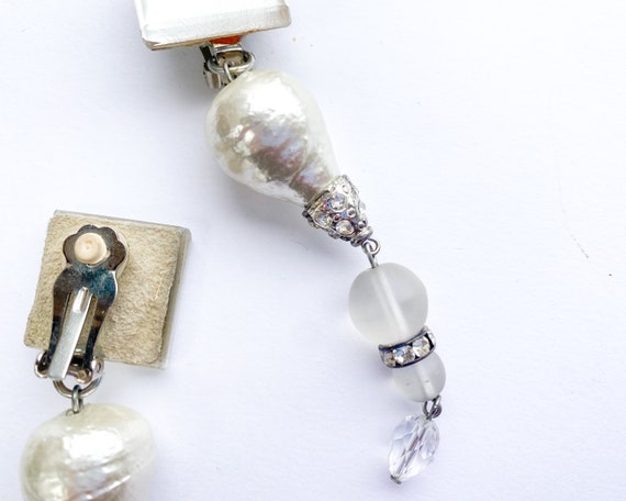1980s Long Glass Dangle Earrings | 80s Pearl & Gl… - image 6
