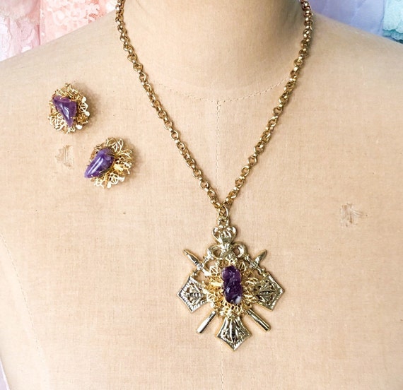 Coro | 1960s Gold & Purple Necklace Earrings Set … - image 1