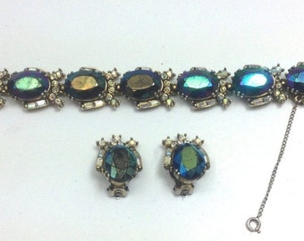 Bracciale e orecchini Hollycraft anni '50 con strass blu / Set di braccialetti vintage