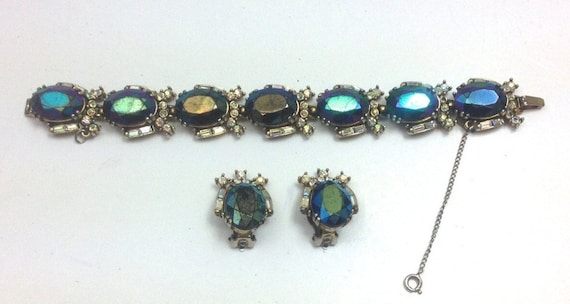 Hollycraft Blue Rhinestone Bracelet and Clip-On Earrings | 1950s Jewelry Set