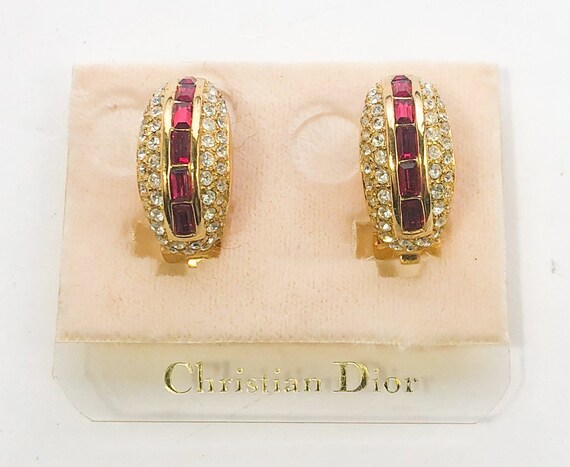 1980s Red Rhinestone Hoop Earrings | 80s Rhineston